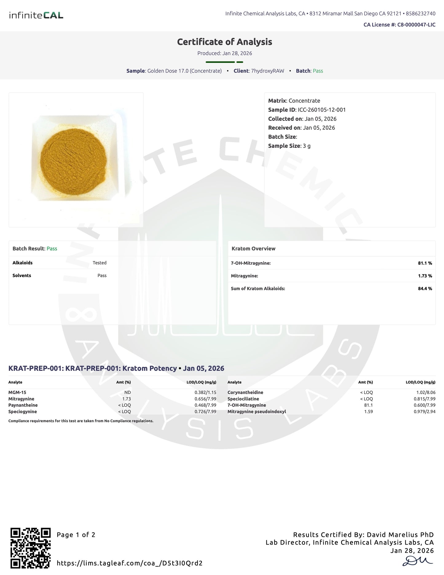 GOLDEN DOSE - TOTAL ALKS 87.2% (81.2% 7-OH)