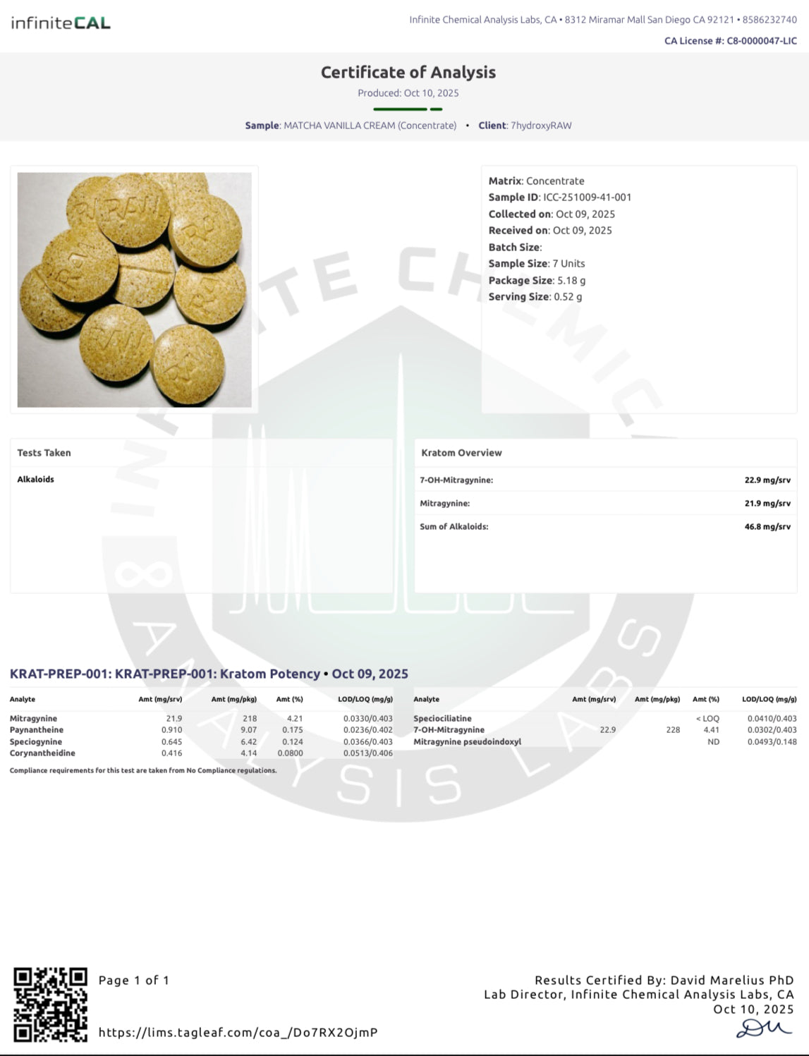 MATCHA VANILLA CREAM -  TOTAL ALKS 49.8MG (23.7MG 7-OH/21.1MG MIT)