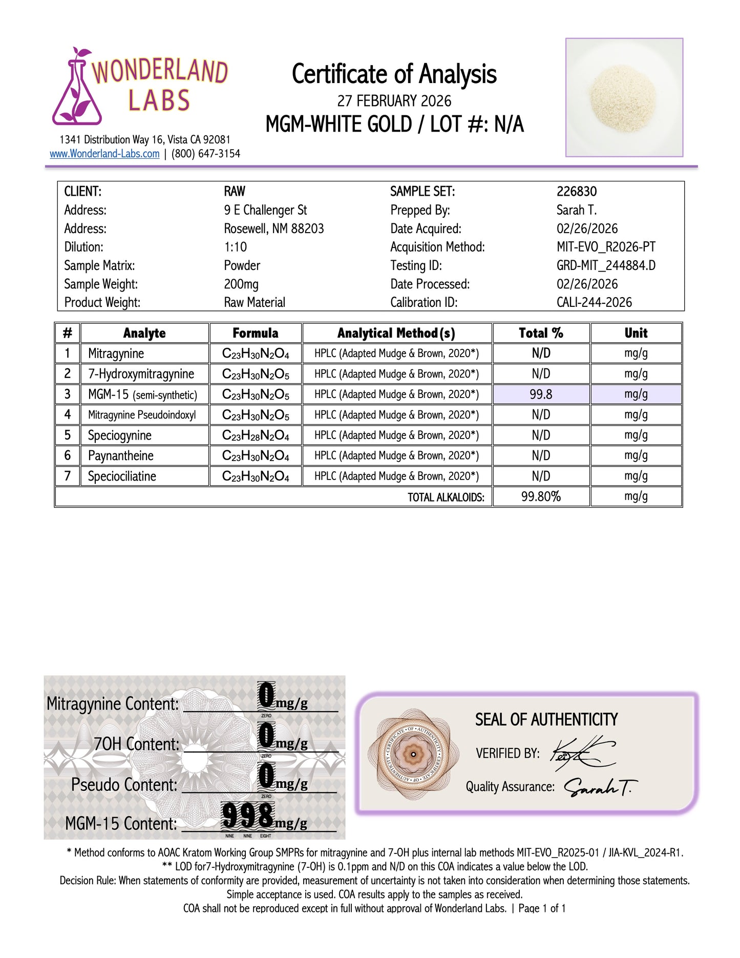 MGM - WHITE GOLD 99.8% (NO 7-OH)