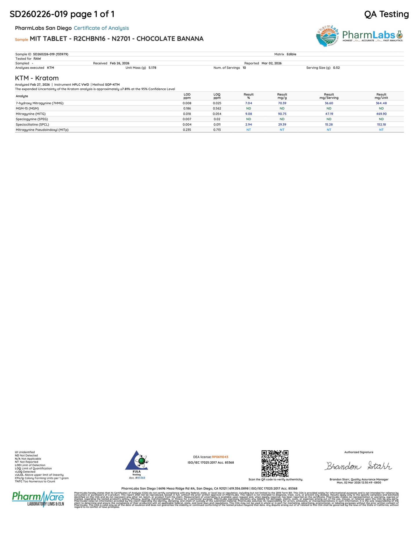 CHOCOLATE NANA - TOTAL ALKS 83MG (31.1MG 7-OH/35.1 MIT)
